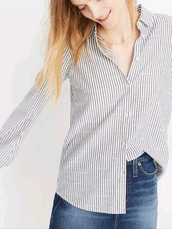 Madewell Puff-Sleeve Button-Down Shirt Grey & White Stripped Sz M