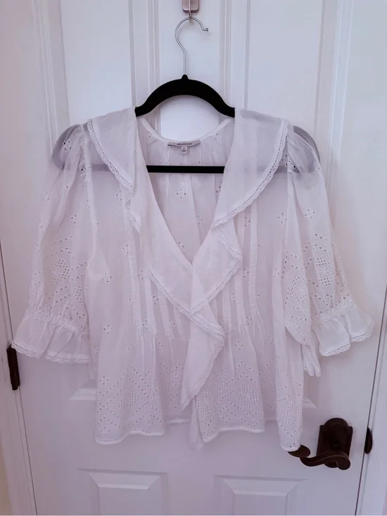 Madewell White Eyelet Ruffle V-Neck Blouse