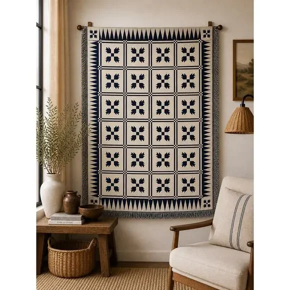 Woven Throw Blanket 72x50 Navy Cream Geometric Fringe Boho Farmhouse Decor