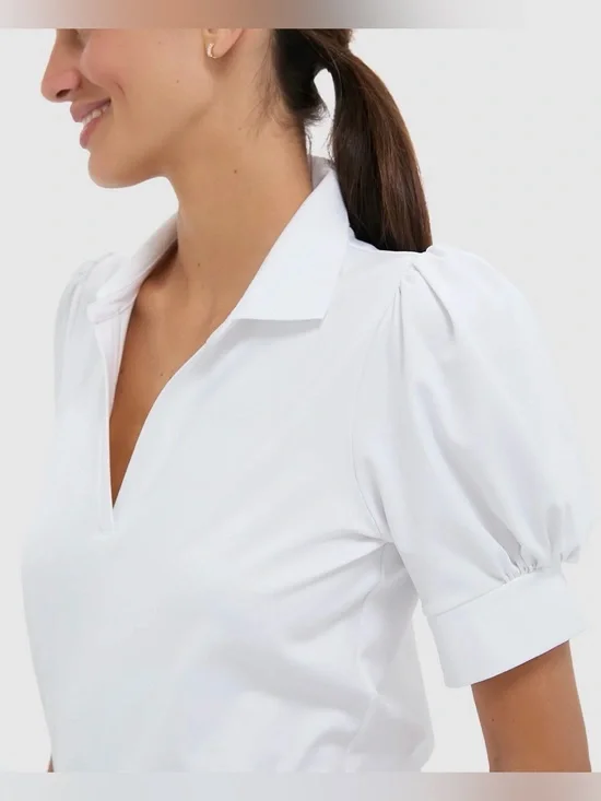 Tuckernuck Tuck Sport White Puff-Sleeve Polo Blouse Small
