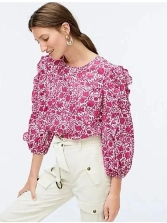 J.Crew Liberty Sambourne Floral Ruffle Sleeve Top Azalea size XL 100% cotton