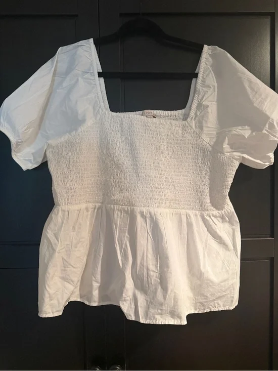 LOFT White Smocked Peplum Top with Square Neck