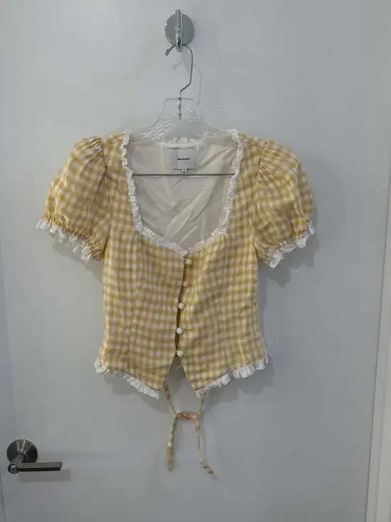 Reformation Rosemary Linen Top in Yellow Gingham