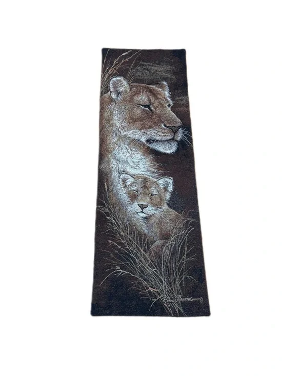 Vintage Lioness & Cub Tapestry Wall Hanging Panel Made in USA Safari Decor