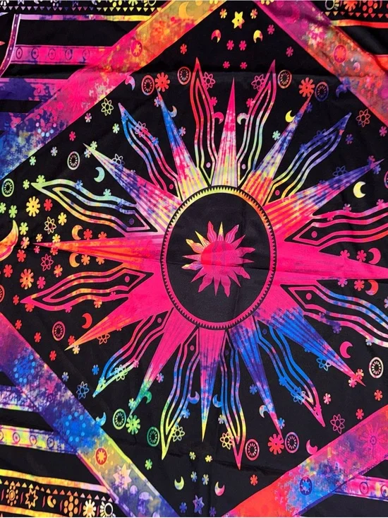 Vibrant Rainbow Sunburst Tapestry Scarf - Black Background