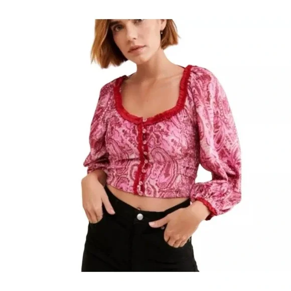 Free People Dare Me Velvet Cropped Blouse Pink Paisley Smocked Cropped Blouse XS