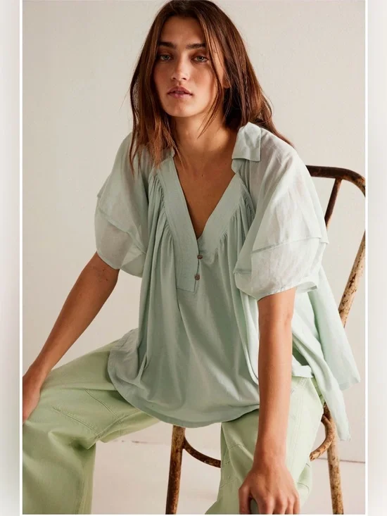 NWOT Free People Light Green V-Neck Puff Sleeve Women's Top S