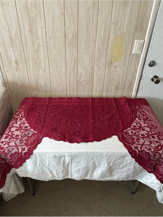 Handmade Red Lace Window Valance Overlay - Elegant Decor