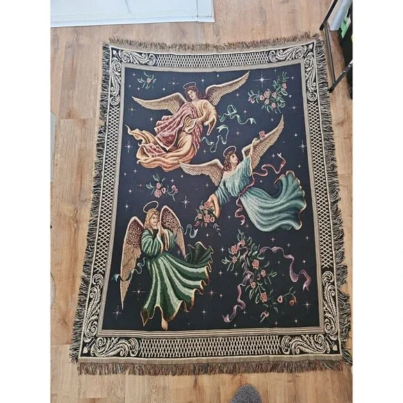 Angels On High Fringed Tapestry.  72in x54in. Spiritual,  Heavenly. READ
