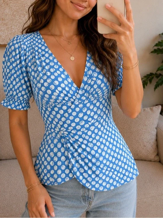 Boden Blue White Polka Dot Faux Wrap Ruched Puff Sleeve Jersey Top US 8