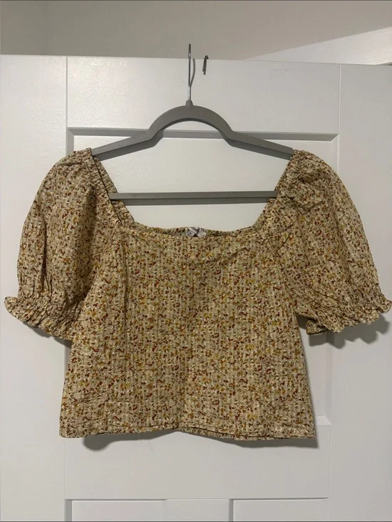 Madewell Yellow Floral Smocked Puff Sleeve Crop Top