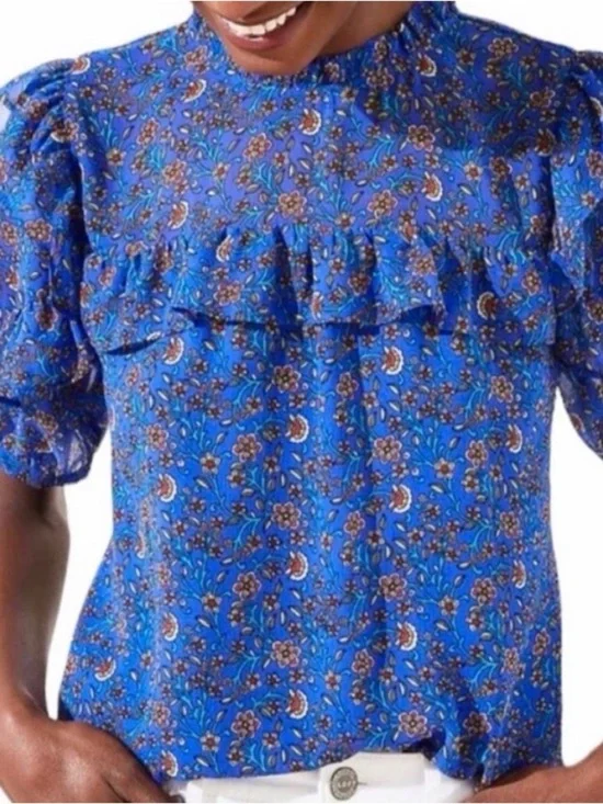 Loft Bright Blue Floral Ruffle Short-Sleeve Feminine Blouse XS