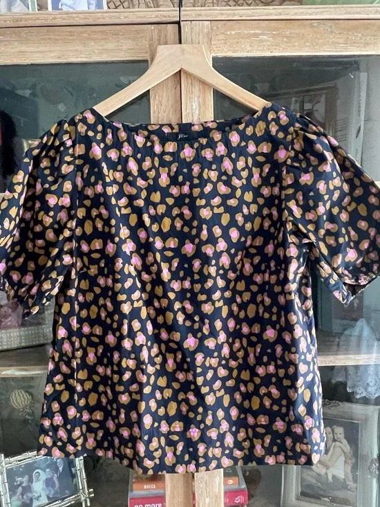 J. Crew Black Puff-Sleeve Blouse with Pink and Mustard Spot Print