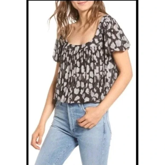 Free People Top Womens Large Black White Ready For This Mesh Bubble Hem Blouse