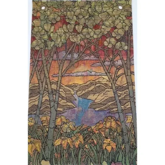 Stain Glass Style Tapestry Mountain River Trees Grommets Sample