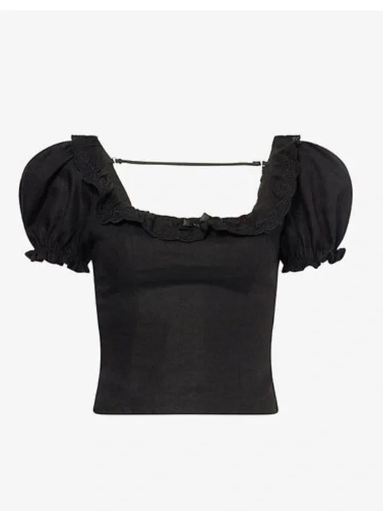 NWT Reformation Alice Black Square-Neck Puff-Sleeve Linen Top