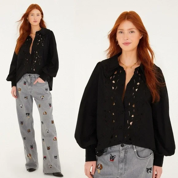 FARM RIO Embroidered Eyelet Puff Sleeve Button Up Black Shirt M