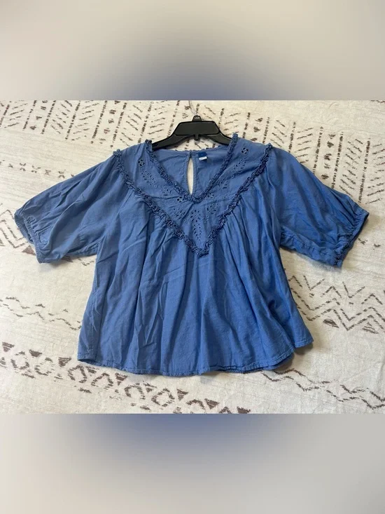 Old Navy Blue Embroidered Eyelet Boho Peasant Blouse L Boho Cottagecore