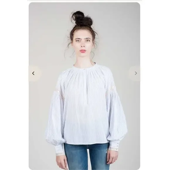 Ulla Johnson | Kora Blouse Puff Sleeve Striped Top Shimmer Porcelain Size 6 Med