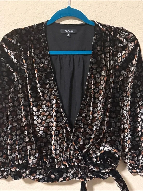 Madewell Black Velvet Floral Wrap Blouse