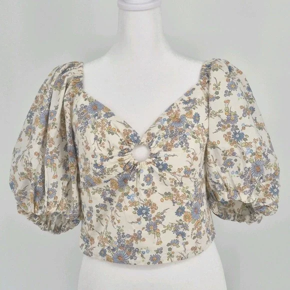 Abercrombie &‎ Fitch Floral Puff Sleeve Poplin O-Ring Crop Top Blouse Women's M