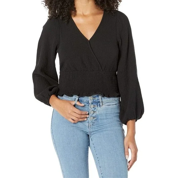 Madewell Lightspun Julianne Smocked Waist Top Black Gauze Crop Large Boho Spring