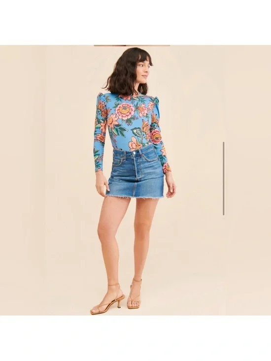 Farm Rio Puff Sleeve Printed Bodysuit, Size M