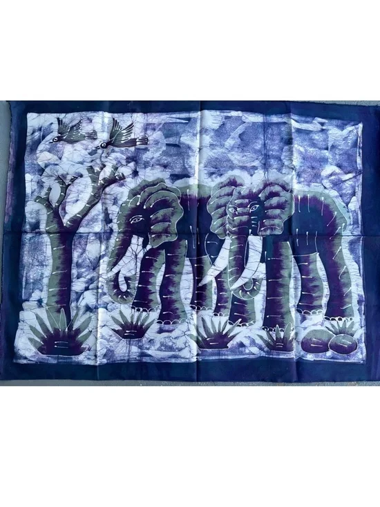 Handmade Elephant Batik Wall Hanging And A Scarf in Indigo and Olive
