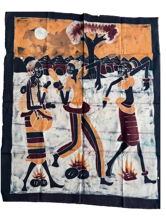 Hand crafted African Village Wall Hanging  Batik - Orange, Black & Brown