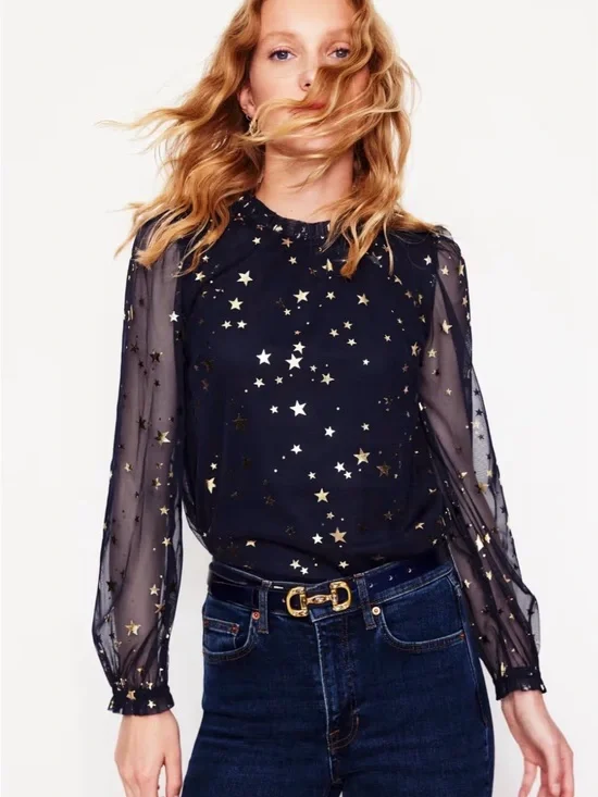 Boden Navy & Gold Metallic Star Mesh Blouse | US 18 / UK 22