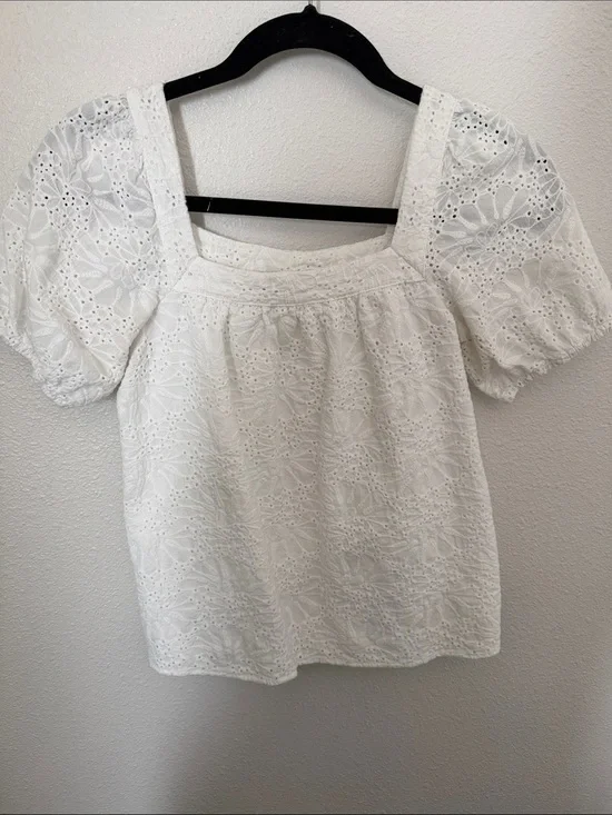 LOFT White Eyelet Square-Neck Puff Sleeve Blouse