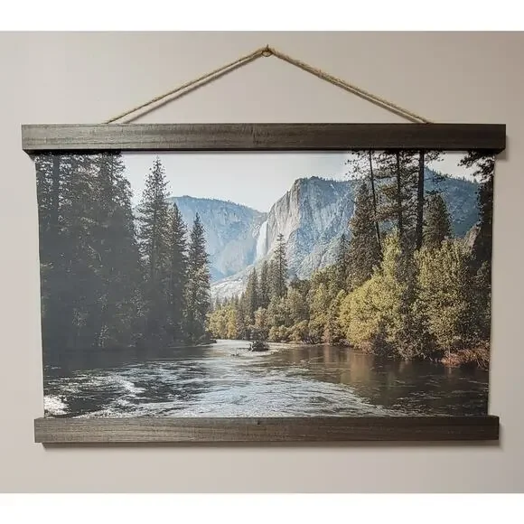 Lake Scene Tapestry Wall Decor with wood trim 30x19