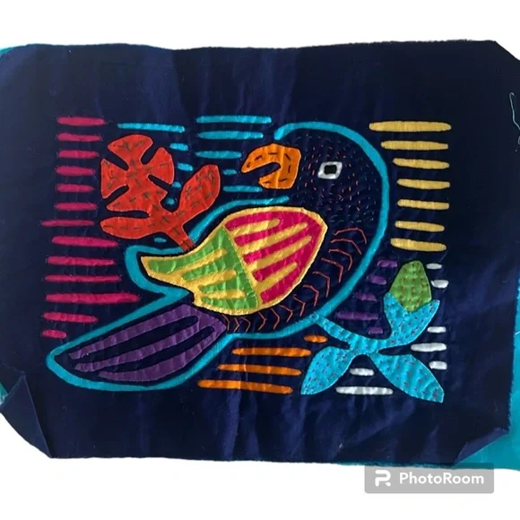 Vintage Blue Red & Yellow Parrot Mola Hand Made in Panama