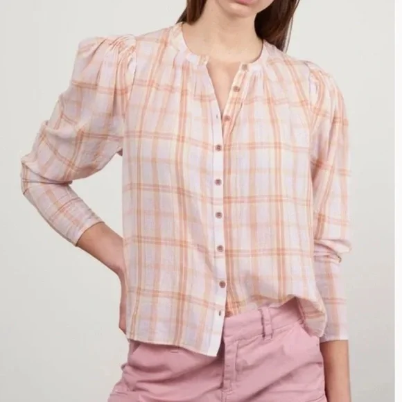ULLA JOHNSON Nour Blouse Button Down Balloon Sleeve Pink Orange Size 2