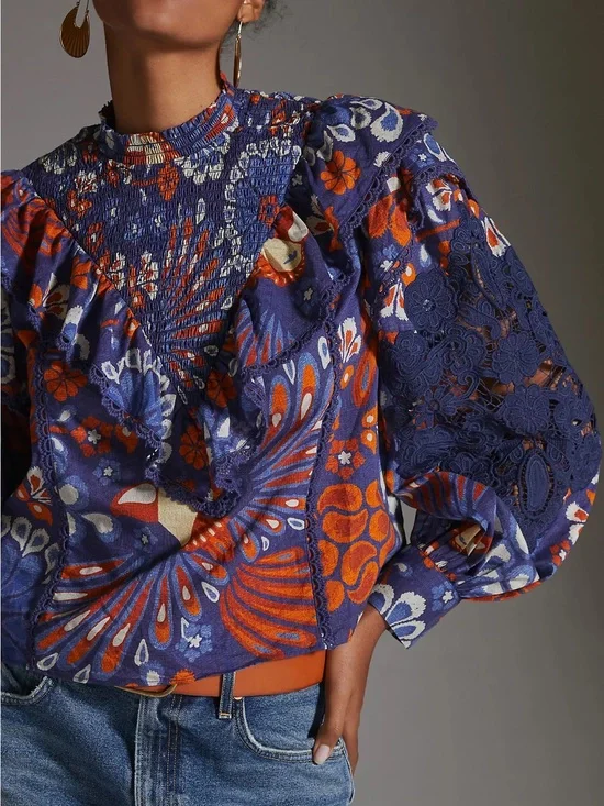 FARM Rio Navy & Orange Floral Lace Puff-Sleeve Blouse