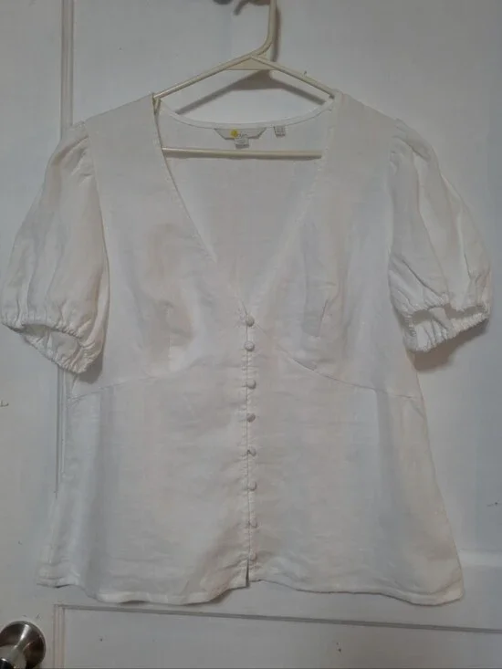 Boden Linen White Puff Sleeve Button-Front Blouse 12 LARGE