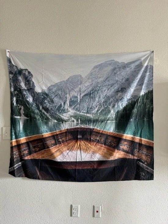 Scenic Boat Lake Wall Tapestry - Teal, Brown, Black