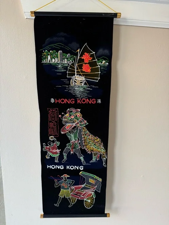 Hong Kong Black Velvet Wall Hanging Scroll with Colorful Embroidered Scenes