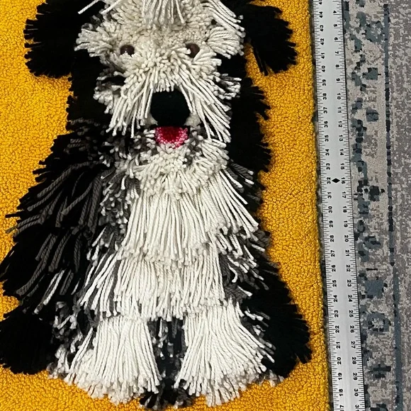 1960’s Dog Shag Rug/ wall decor  - Black, White & Yellow / latch hook style