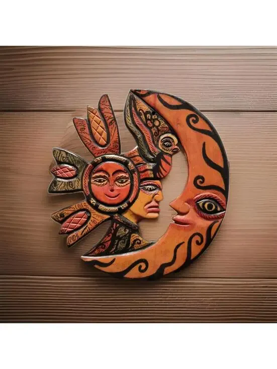Vintage Hand Carved Wood Sun Moon Wall Hanging Celestial Folk Art Boho Decor