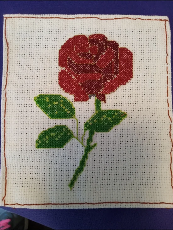 Handmade Cross-Stitch Red Rose with Green Leaves