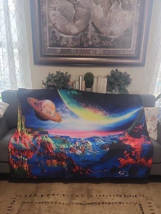 Vibrant Cosmic Planet Throw Blanket - Multicolor Galaxy Artwork 52 Hx 59 W.