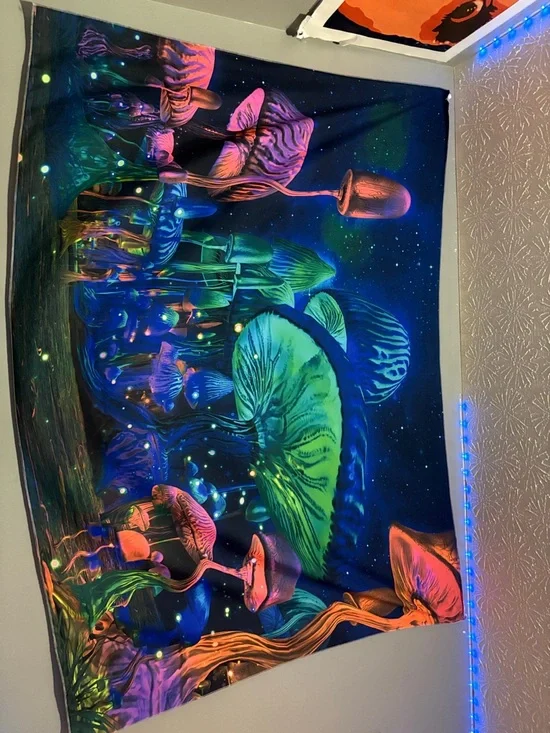 Neon Mushroom Wall Tapestry - Black Multicolor
