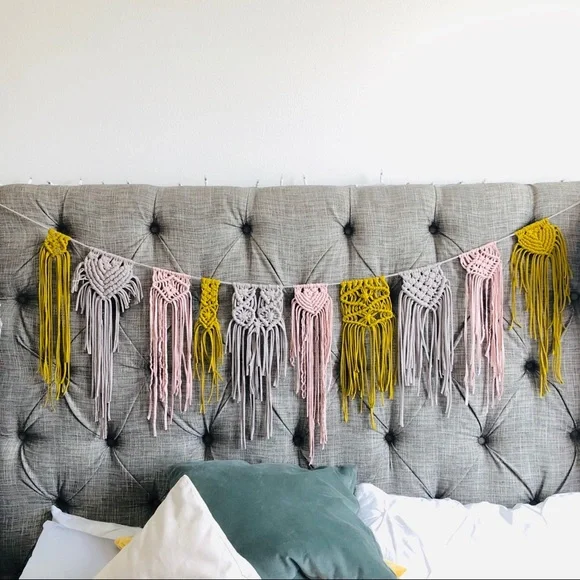 Boho Macramé Wall Garland in Pink, Gray, and Mustard