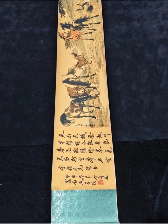 Traditional Horse Scroll Wall Art in Tan and Blue-Green by