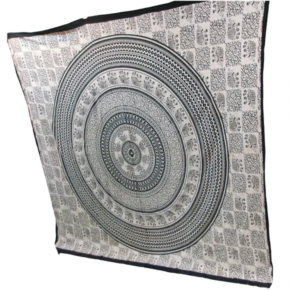 Elephant Mandala Tapestry Wall Hanging Black Cream Boho Cotton Bedspread 82