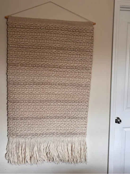Handwoven Wool Wall Hanging Lrg Chunky Textured Natural Cream Long Fringe 30x54”