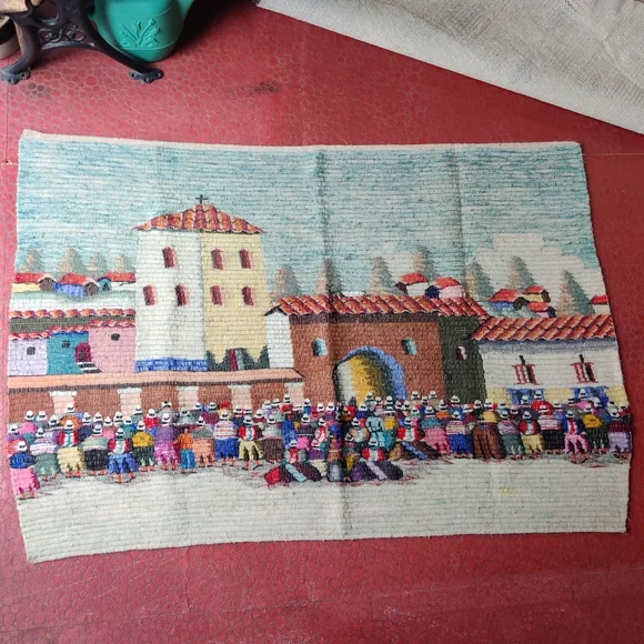 Peru Hand Woven Wool Tapestry Wall Art Blanket Church Village Community 66 x 45