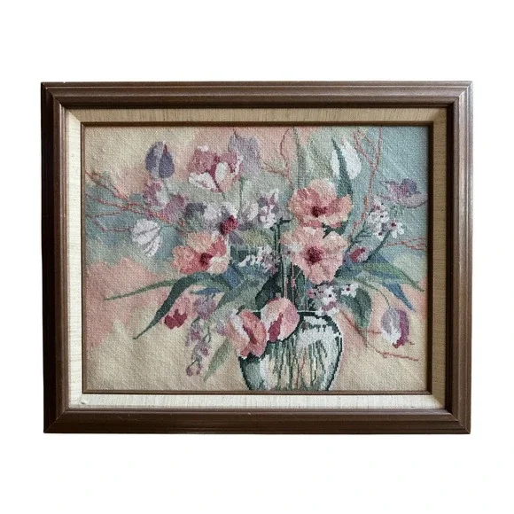 Vintage Handmade Tapestry Needlework Flower Vase Wooden Framed Artwork Wall Art