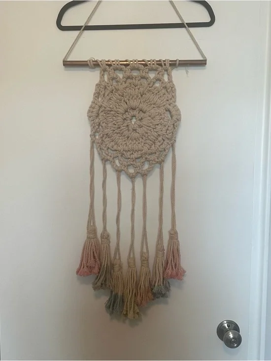 Handmade Macramé Wall Hanging in Beige with Pastel Tassels